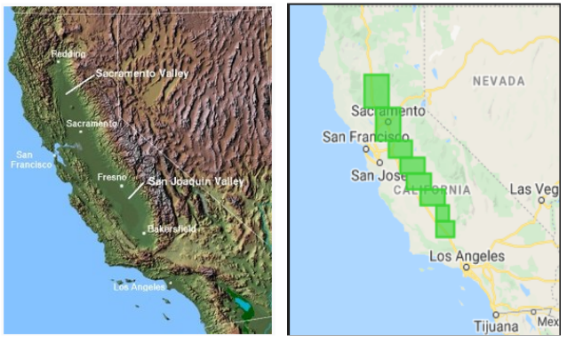 Figure 4: Central Valley, CA and regions of Central Valley used in our data