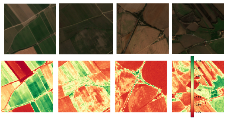 Figure 4: Visual bands (top) and EVI (bottom) for irrigated samples from BigEarthNet data